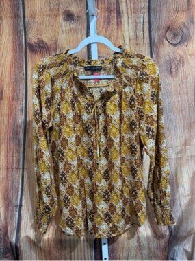 Jane and Delancey Mustard and Brown Diamond-Print Tie-Neck Blouse